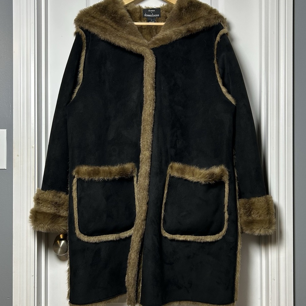 Dennis by Dennis Basso Vintage Black Brown Faux Shearling Hooded Button Up Coat